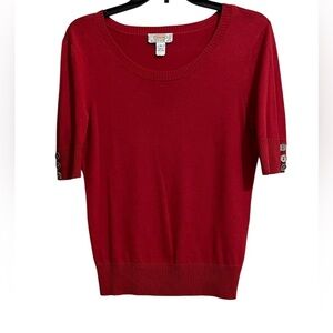 Talbots Red Short Sleeve Ribbed Sweater Button Accent Sleeves PETITE Small